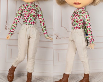 Ivory corduroy pants for Pullip, Obitsu 27, Poppy Parker - White pegged trousers for fashion dolls