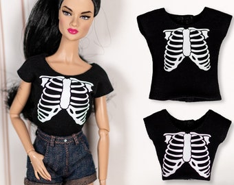 Skeleton T-shirt for Pullip, Blythe, Poppy parker- black Tee top for autumn and Halloween