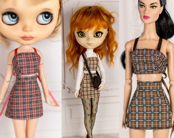 Plaid outfit set for Pullip, Blythe, Obitsu, Poppy Parker, Fashion Royalty,  Pure Neemo, Licca - Short skirt and bustier top