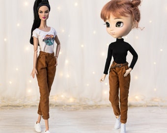 Corduroy pants for Pullip, Obitsu 27, Poppy Parker - Camel pegged trousers for dolls -