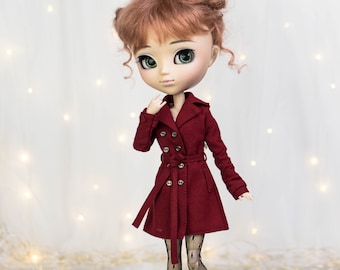 Trench Coat bordeaux pour Poppy Parker, Pullip, Blythe, Obitsu 26 27, Vêtements d'automne pour poupées à l'échelle 1/6