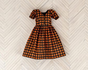 Orange Gingham Dress for Pullip, Blythe, Poppy Parker, Obitsu, Pure Neemo -Halloween Fall Outfit