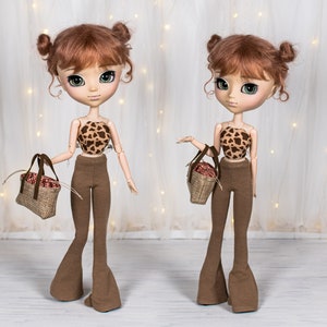Bell-bottoms pants for Pullip, Blythe, Obitsu 27, Poppy Parker - Beige latte flared leggings for dolls
