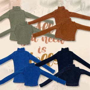 May include: Four pairs of long-sleeved turtlenecks in different colors: olive green, rust, royal blue, and navy blue. Each pair has a larger and smaller size.