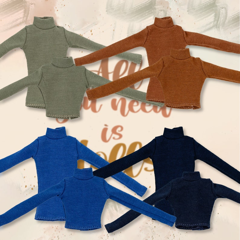 May include: Four pairs of long-sleeved turtlenecks in different colors: olive green, rust, royal blue, and navy blue. Each pair has a larger and smaller size.