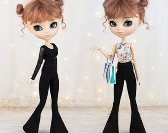 Bell-bottoms pants for Pullip, Obitsu 27, Poppy Parker, - Black flared leggings for dolls