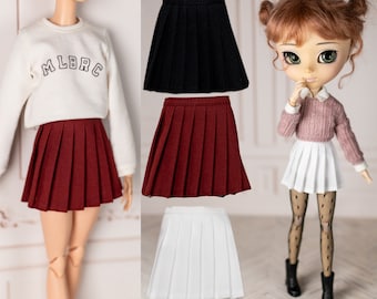 Jupe de tennis pour Pullip, Blythe, Obitsu, Poppy Parker, Fashion Royalty, Pure Neemo, Licca - Jupe plissée en blanc, noir et bordeaux