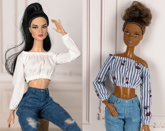 Off-shoulder top for Pullip, Blythe, Poppy Parker, Fashion Royalty. White or striped.