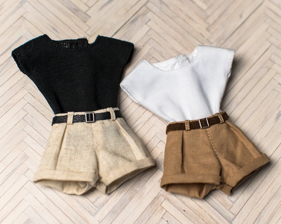 Doll Clothes Set: Linen Shorts & T-Shirt for Blythe, Pullip