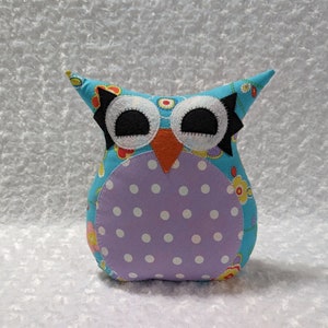 Owl Plush Toy. Owl Plush Pillow. Home Décor.  Lavender Polka dot and Floral print on Aqua. READY TO SHIP.