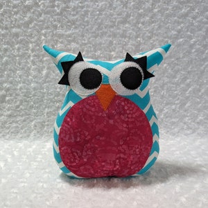 Owl Plush Toy. Owl Plush Pillow. Home Décor.  Aqua Chevron and Hot Pink Batik. READY TO SHIP.