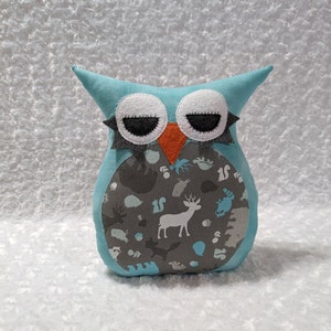 Owl Plush Toy. Owl Plush Pillow. Home Décor.  Aqua Batik and Forest Animals on Gray. READY TO SHIP.