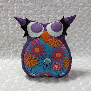 Owl Plush Toy. Owl Plush Pillow. Home Décor.  Plushie. Purple Waves and Daisies. READY TO SHIP.