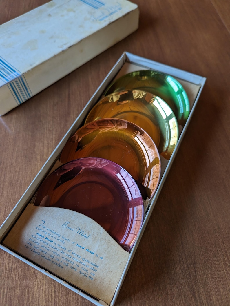 Vintage Jewel Metal Coaster Ashtray Set: 1930s-40s Swanky Barware