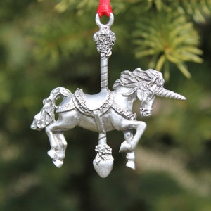 Lead Free Pewter Carousel Unicorn Ornament stocking stuffer gift window decoration Hand Made in Michigan made in MI made Hastings Pewter Co image 1