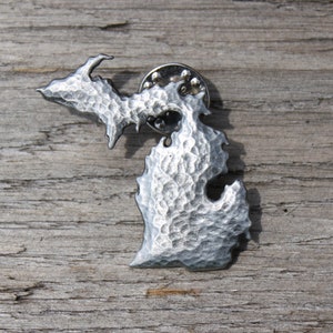 Hand Made Lead Free Pewter Michigan Pin Lapel Pin brooch hat pin State of Michigan Made in Michigan made in MI made Hastings Pewter Co gift
