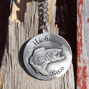 Lead Free Pewter Michigan Bass Keychain fine pewter key chain Father&#39;s Day gift fish Made in Michigan made in MI made  Hastings Pewter