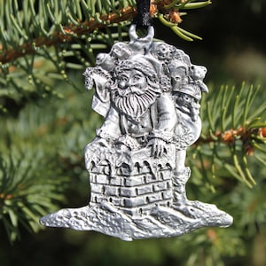 Lead Free Pewter Santa Ornament Santa Claus in a Chimney Christmas gift decoration Hand Made in Michigan made in MI made Hastings Pewter