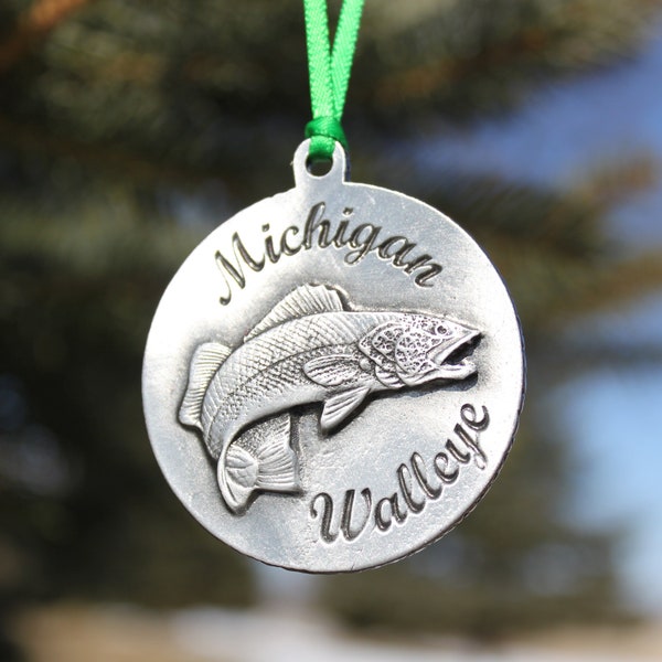 Lead Free Pewter Michigan Walleye Ornament Fish Decoration Fishing Decor Rear View Mirror Car Charm Home Window Holiday Gift For Men Man Guy