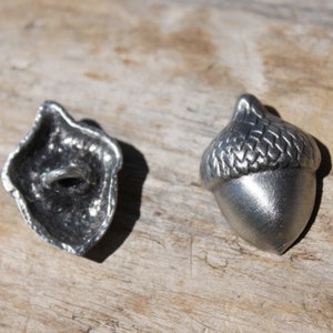 May include: Two silver-toned metal buttons shaped like acorns. One button is positioned to show the smooth, rounded nut and the textured cap, while the other is flipped over to reveal the hollow back and the central shank for attachment.