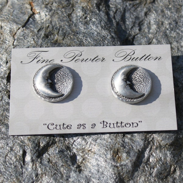 Hastings Pewter Hand Made Lead Free Pewter Moon Button Set of 2 buttons with crescent moon set of buttons shank style button moon with face