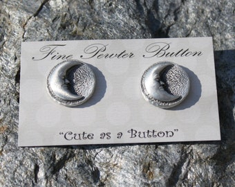 Hastings Pewter Hand Made Lead Free Pewter Moon Button Set of 2 buttons with crescent moon set of buttons shank style button moon with face