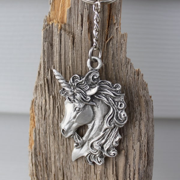 Lead Free Pewter Unicorn Keychain  fine pewter  Unicorn Head  large key chain  gift  Made in Michigan made in MI made  Hastings Pewter