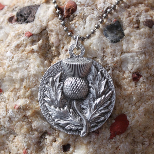 Hand Made in US Lead Free Pewter Thistle Necklace Stainless Steel Ball Chain pendant Made in Michigan made in MI made  gift  Hastings Pewter