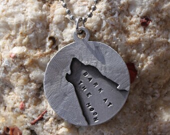 Made in US Lead Free Pewter Wolf Necklace Stainless Steel Ball Chain Bark at the Moon  Made in Michigan made in MI made  pendant gift