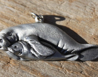 Lead Free Pewter Manatee & Calf Necklace Pendant Charm manatees jewelry Hand Made in Michigan made in MI made gift Hastings Pewter