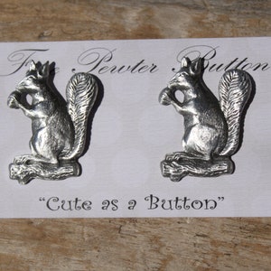 May include: Two silver pewter buttons featuring a squirrel holding a nut. The buttons are on a white card with the text "The Pewter Button" and "Cute as a Button".