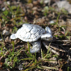 May include: A silver turtle figurine on a bed of green grass and brown dirt.
