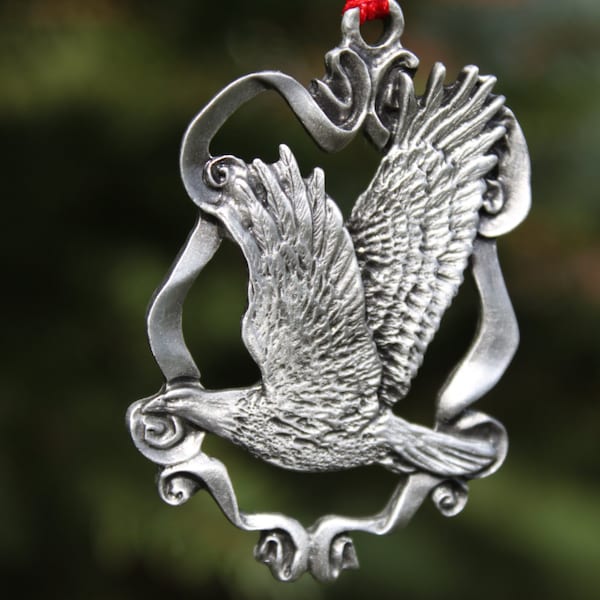 Hastings Pewter Lead Free Pewter Eagle Ornament eagle flying with ribbon border bird gift car charm Hand Made in Michigan made in MI made