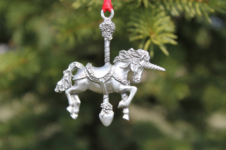 Lead Free Pewter Carousel Unicorn Ornament stocking stuffer gift window decoration Hand Made in Michigan made in MI made Hastings Pewter Co image 1