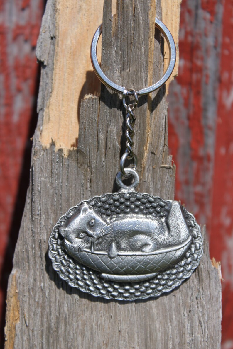 Lead Free Pewter Cat in Basket Keychain fine pewter key chain Etsy
