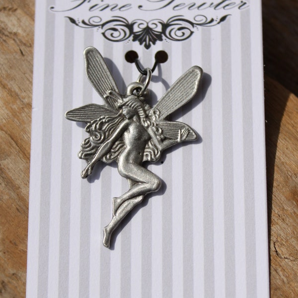 Hastings Pewter Hand Made Lead Free Pewter Fairy Necklace Pendant Large Charm faery faerie jewelry gift Made in Michigan made in MI made