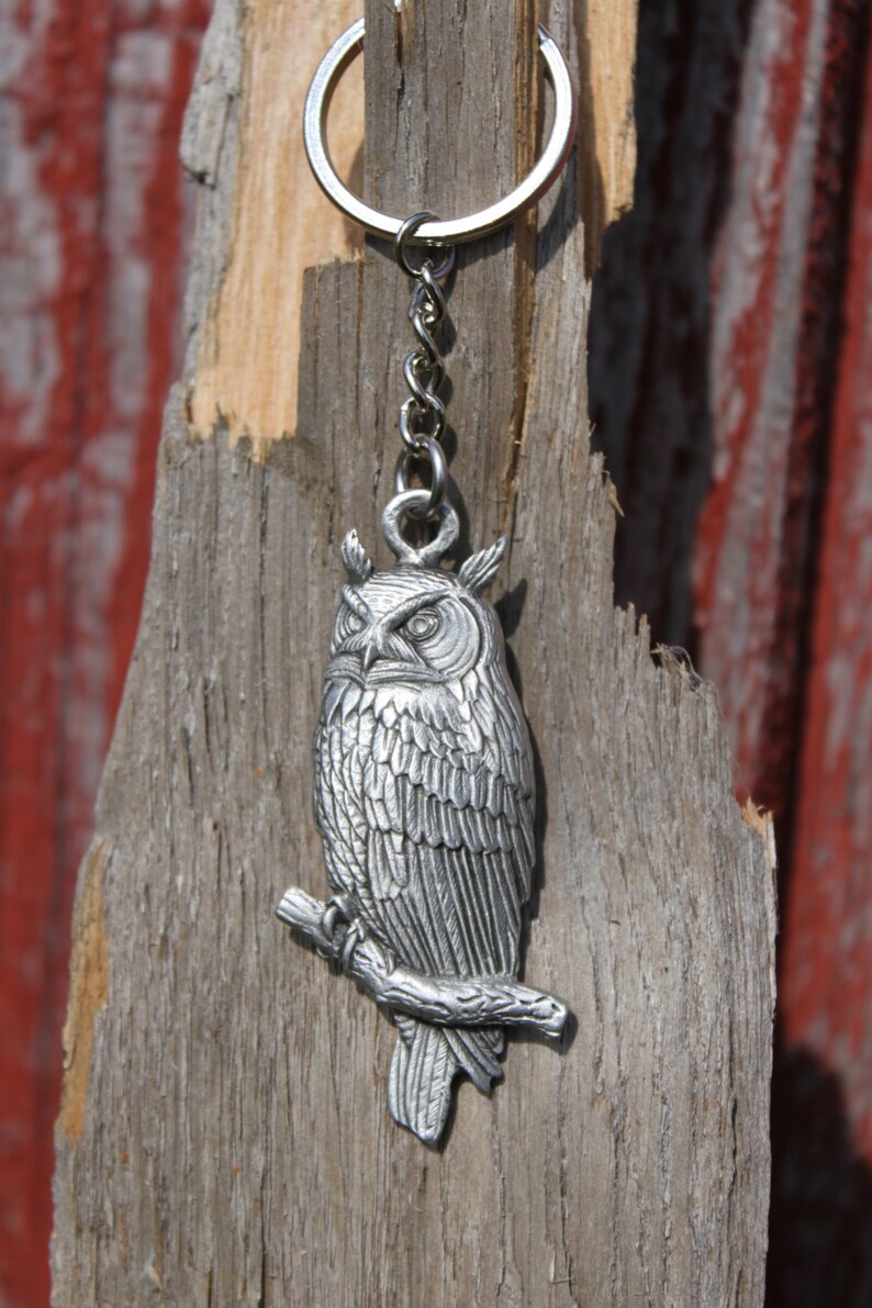 Lead Free Pewter Great Horned Owl Keychain Fine Pewter Key Etsy