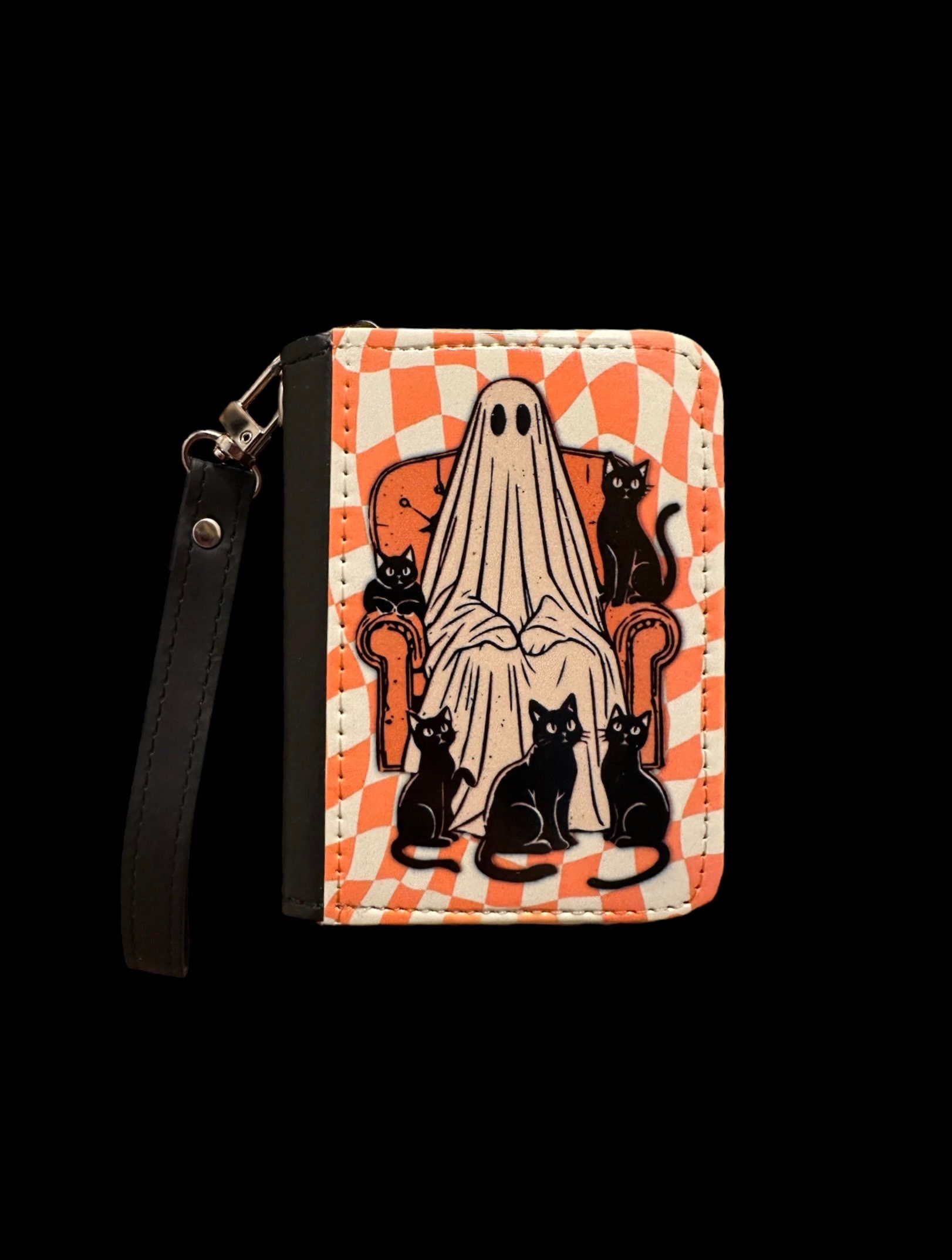 Small Ghost & Black Cats Wallet Cat Lover Gift Lonely Ghost Checker Pattern Halloween Lover