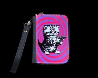 Small Pew Pew Kitty Wallet Minimalist Wallet Cat Lover Gift Kitten Wallet Bad Kitty