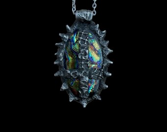 Large Heavy Sculpted Metal Dichroic Glass Inverted Cross Spike Necklace Soldered Pendant Satanic Jewelry Gift Goth Aesthetic Metallic Glass