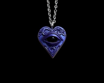 Tiny 1 inch Resin Heart Eye Necklace Dark Purple Pendant Strange Unique Jewelry Gift
