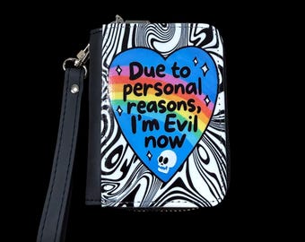 Small I’m Evil Now Wallet Minimalist Card Holder Dark Humor Goth Gift Snarky Accessories Skull Rainbow Heart Trippy