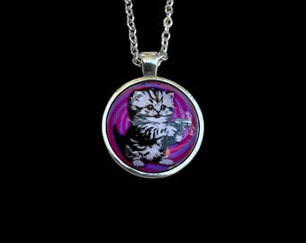 Pewter/Glass Pew Pew Kitty Necklace Pendant Cat Lover Gift Bad Kitty