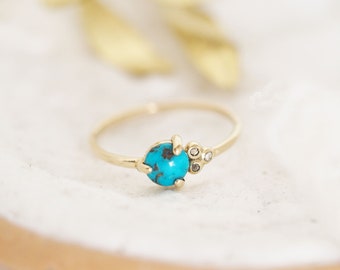 Dainty Turquoise and Diamond gold Engagement Ring. December Birthstone Promise ring. Round Turquoise Gold Diamond Ring