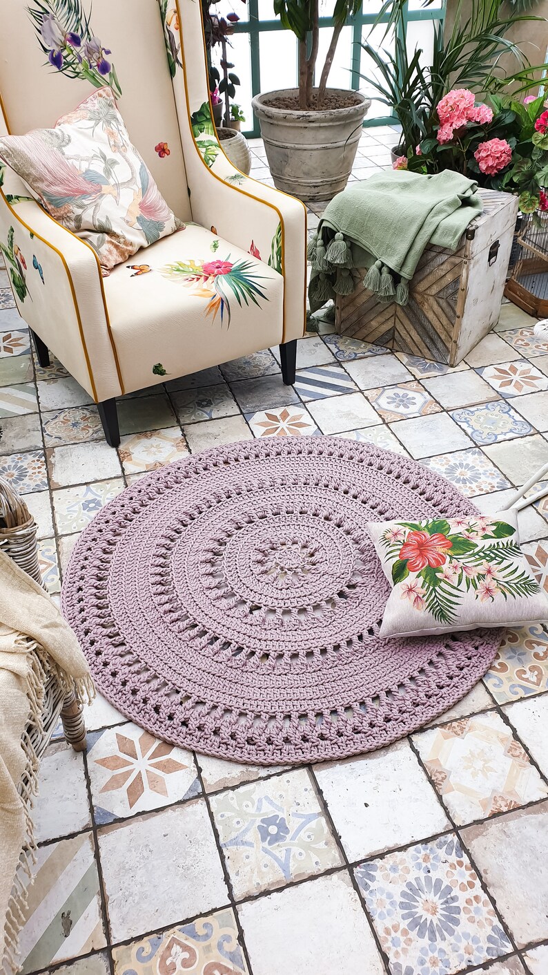 Сrochet Rug Round Area Rug 42 1/2 In Dusty Pink Color Floor Etsy