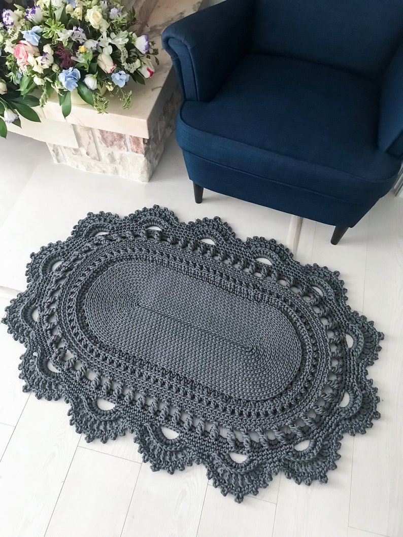 Graphite crochet oval area rug 49 1/4 х33 1/2 in doily rug Etsy
