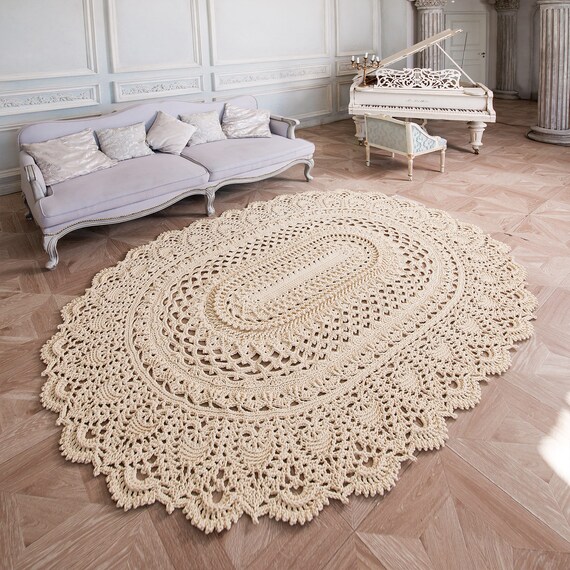 Big crochet rug oval area rug 100 х 75 in doily rug yarn Etsy