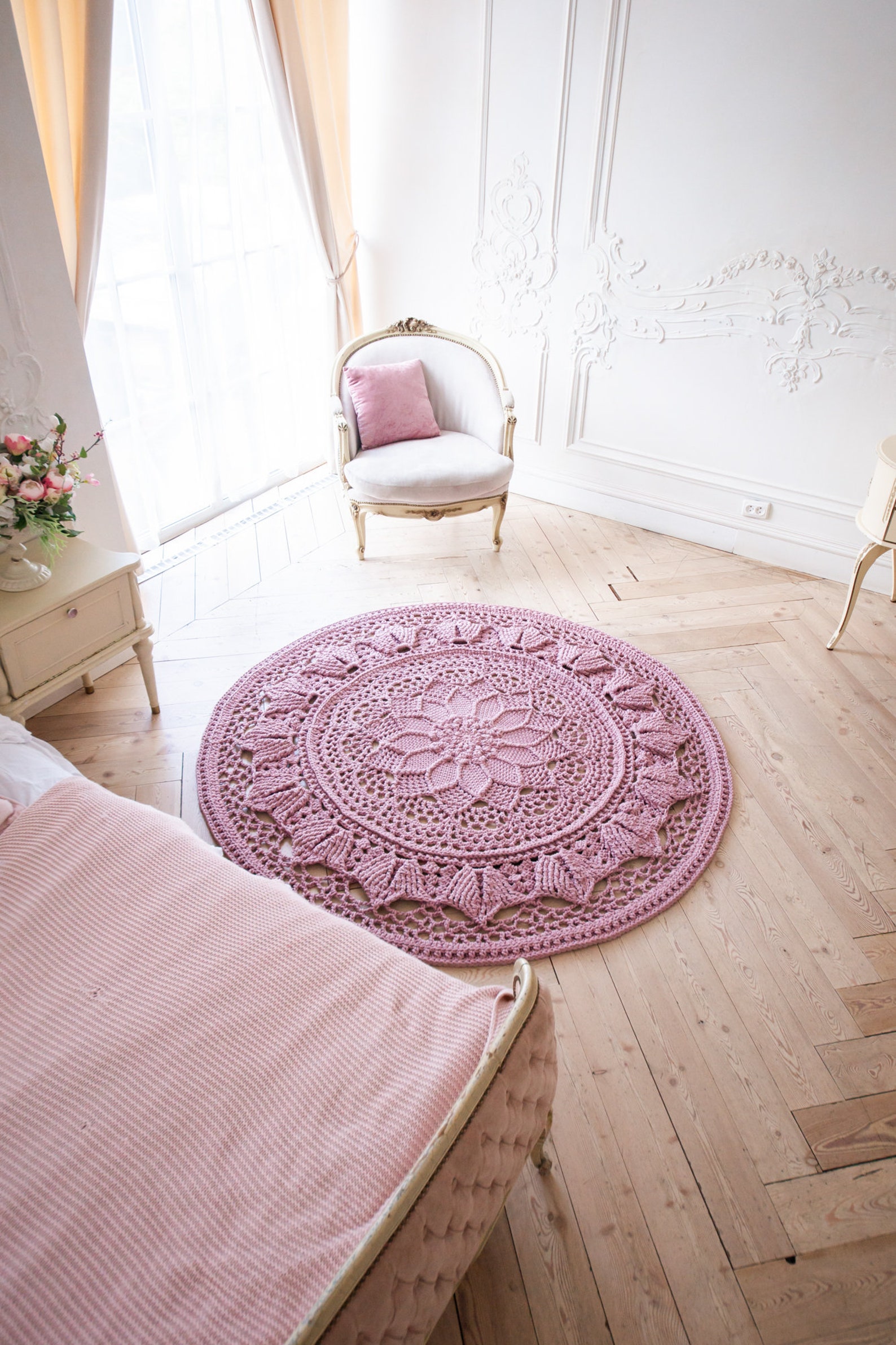 Dusty pink crochet rug round area rug 69 in 175cm doily Etsy