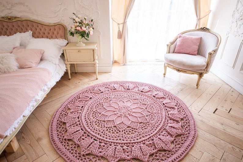 Dusty pink crochet rug round area rug 69 in 175cm doily Etsy