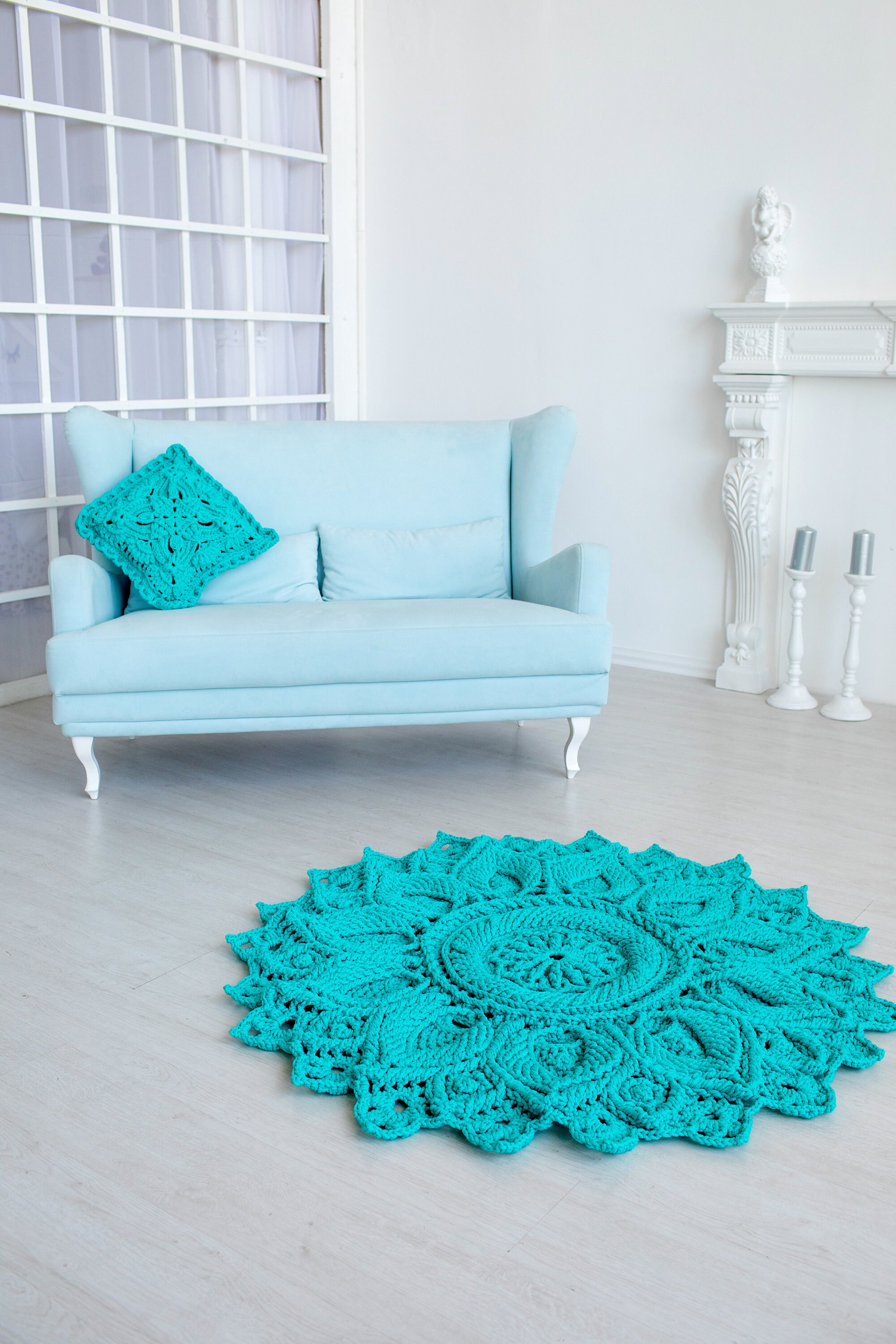 Turquoise crochet rug and pillow set. Rug 51 pillow Etsy